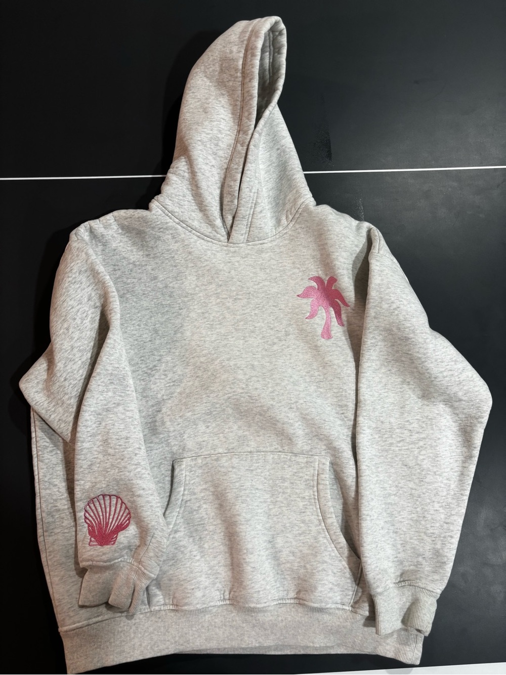 Heather Gray Hoodie with Pink Palm & Shell Graphic
